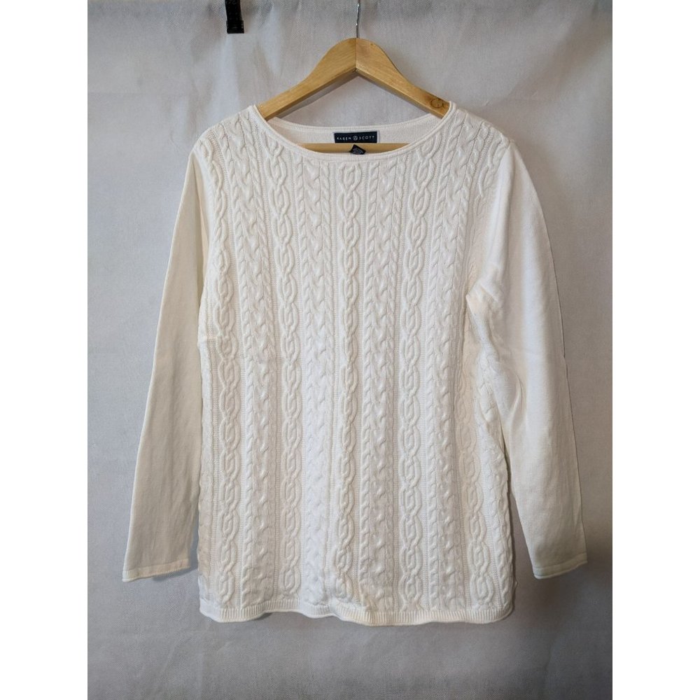Karen Scott Women's White Long Sleeve Cable Knit Cotton Sweater Size XL